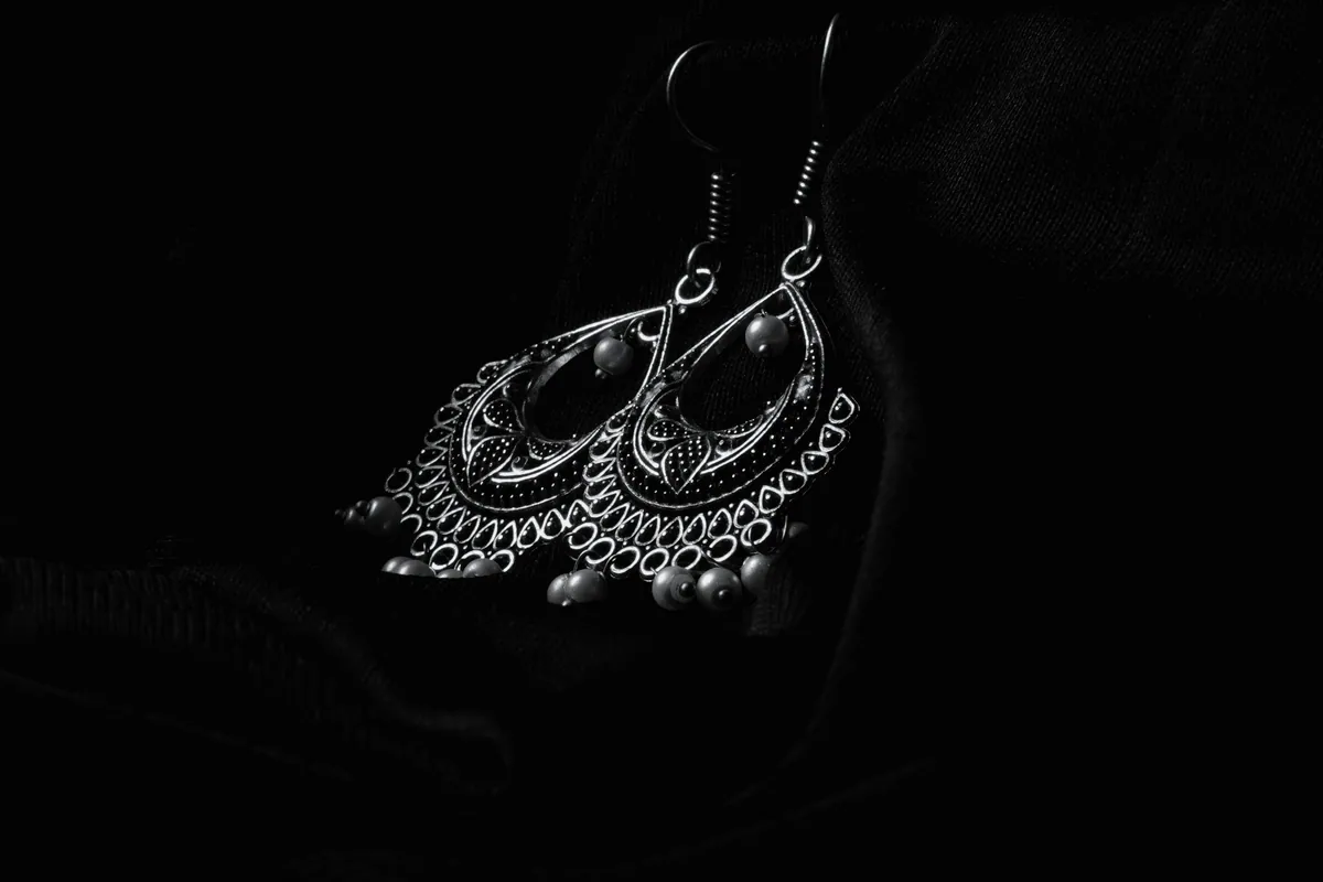 Black and white photo of a pair of silver filigree teardrop earrings on black cloth